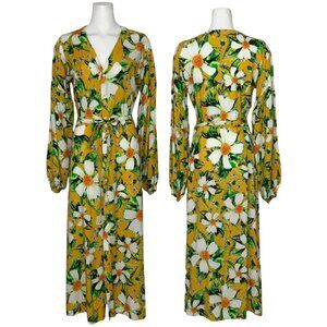 Sigal Floral Maxi Dress S Yellow Balloon Long Sleeve Button Front Tie Belt Boho